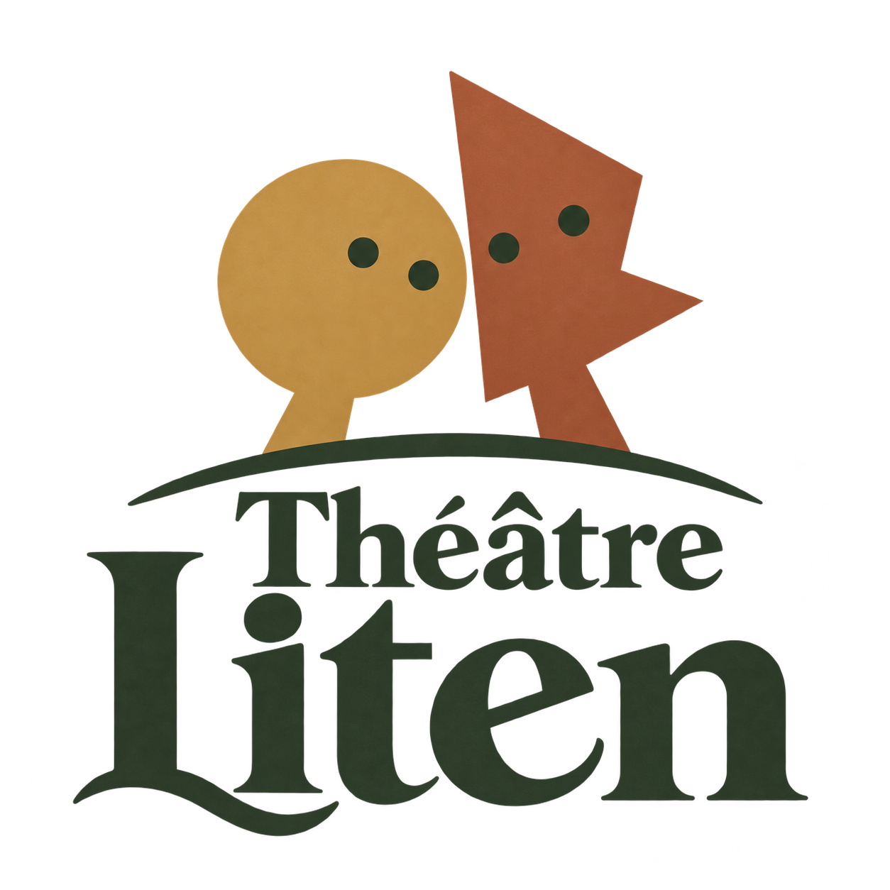 Théâtre Liten : deux personnages ocre et terracotta au-dessus du nom de la compagnie
